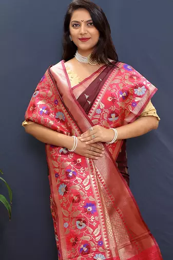 Maroon banarasi silk blend saree with multicolor paithani floral border & pallu