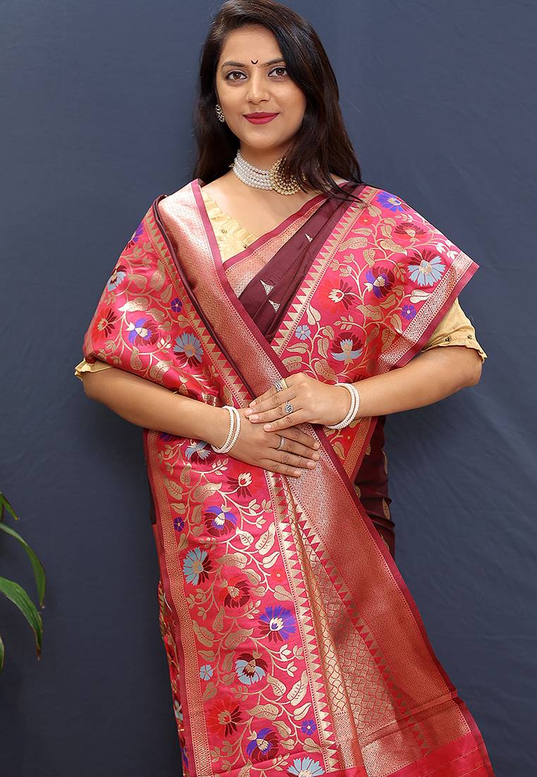 Maroon banarasi silk blend saree with multicolor paithani floral border & pallu