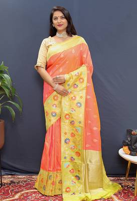 Peach banarasi silk blend saree with multicolor paithani floral border & pallu 1