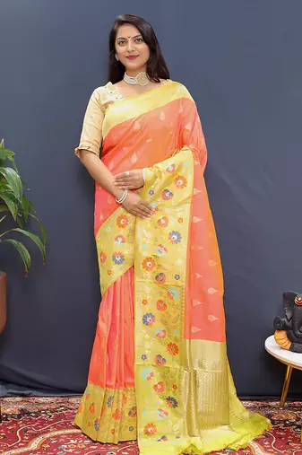 Peach banarasi silk blend saree with multicolor paithani floral border & pallu