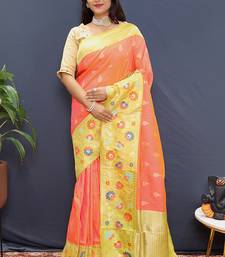 Peach banarasi silk blend saree with multicolor paithani floral border & pallu