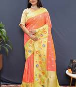 Peach banarasi silk blend saree with multicolor paithani floral border & pallu