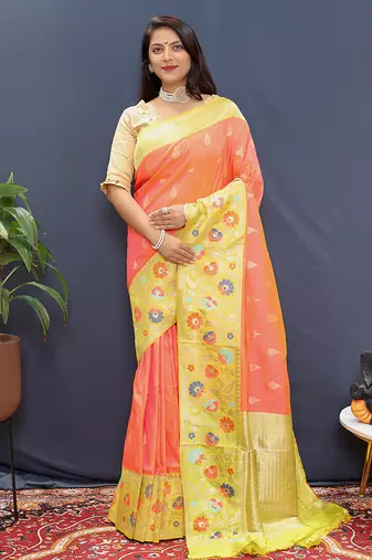 Peach banarasi silk blend saree with multicolor paithani floral border & pallu