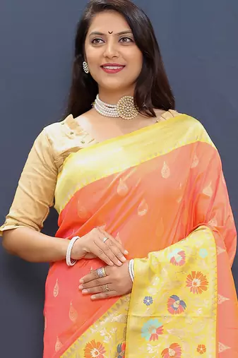 Peach banarasi silk blend saree with multicolor paithani floral border & pallu