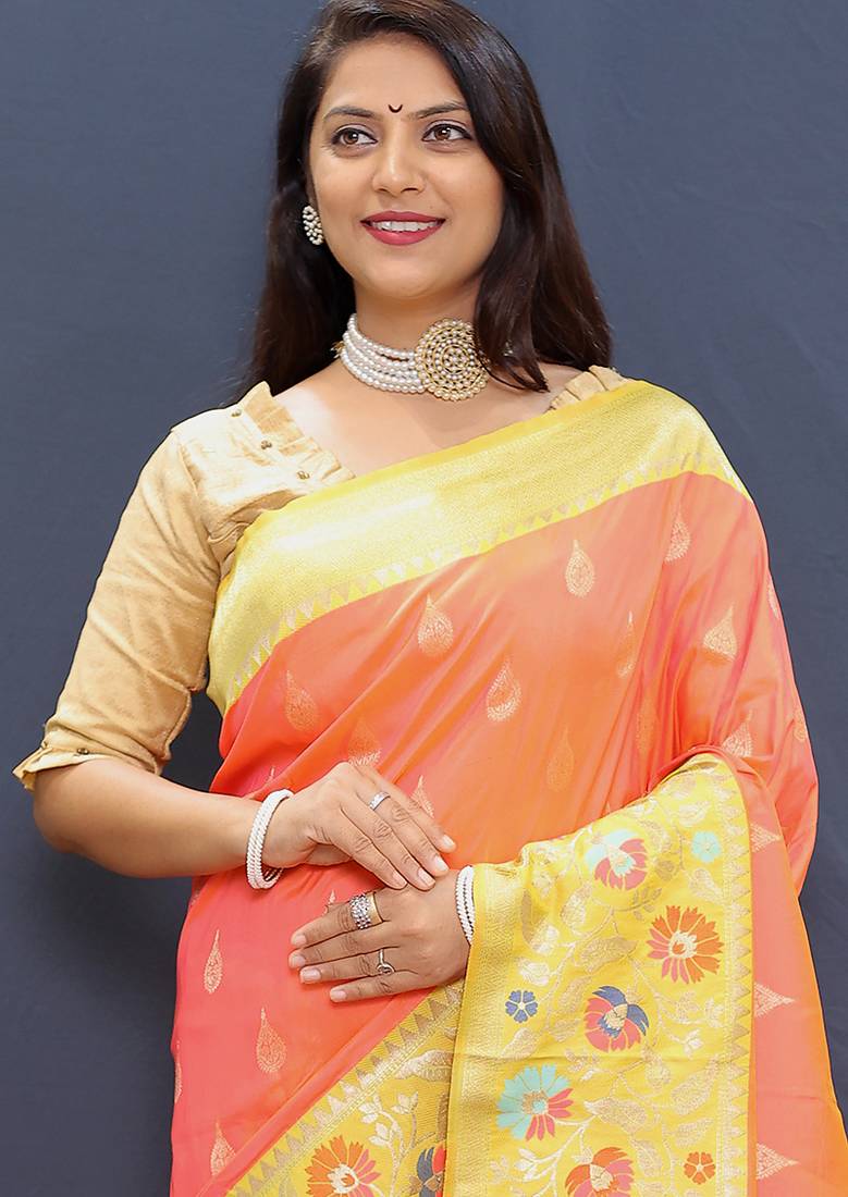 Peach banarasi silk blend saree with multicolor paithani floral border & pallu