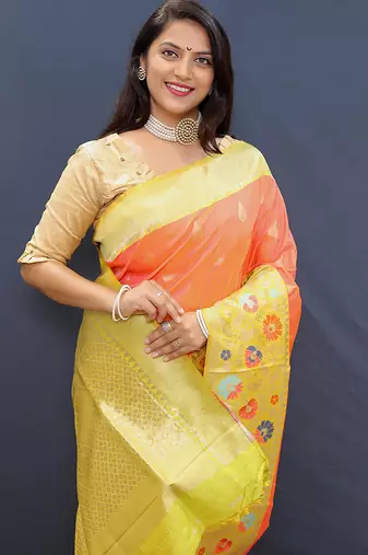 Peach banarasi silk blend saree with multicolor paithani floral border & pallu