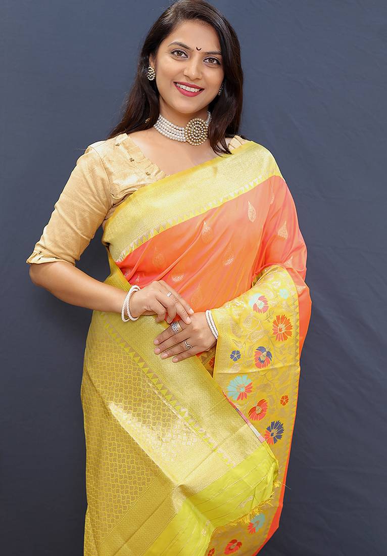 Peach banarasi silk blend saree with multicolor paithani floral border & pallu