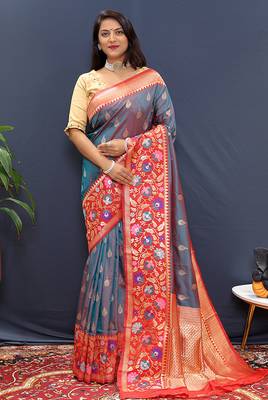 Grey banarasi silk blend saree with multicolor paithani floral border & pallu 1