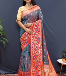 Grey banarasi silk blend saree with multicolor paithani floral border & pallu