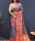 Grey banarasi silk blend saree with multicolor paithani floral border & pallu