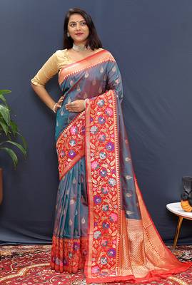 Grey banarasi silk blend saree with multicolor paithani floral border & pallu 2