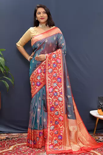Grey banarasi silk blend saree with multicolor paithani floral border & pallu