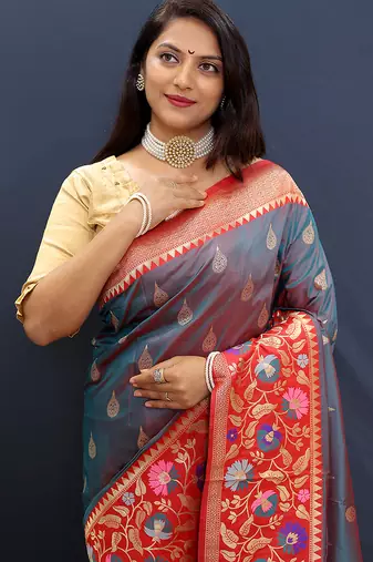 Grey banarasi silk blend saree with multicolor paithani floral border & pallu