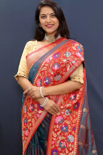 Grey banarasi silk blend saree with multicolor paithani floral border & pallu