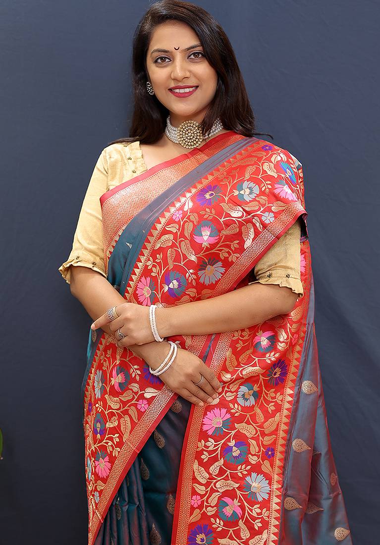 Grey banarasi silk blend saree with multicolor paithani floral border & pallu