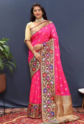 Rani pink banarasi silk blend saree with multicolor paithani floral border & pallu 1