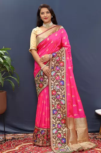 Rani pink banarasi silk blend saree with multicolor paithani floral border & pallu