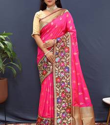 Rani pink banarasi silk blend saree with multicolor paithani floral border & pallu