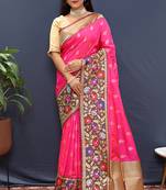 Rani pink banarasi silk blend saree with multicolor paithani floral border & pallu