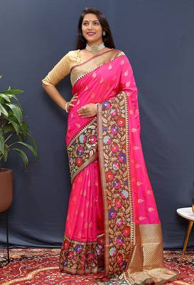 Rani pink banarasi silk blend saree with multicolor paithani floral border & pallu 2