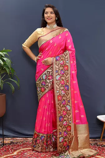 Rani pink banarasi silk blend saree with multicolor paithani floral border & pallu