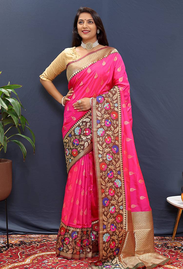 Rani pink banarasi silk blend saree with multicolor paithani floral border & pallu