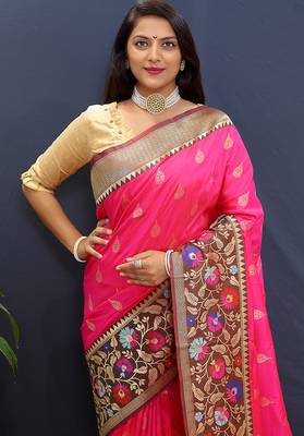 Rani pink banarasi silk blend saree with multicolor paithani floral border & pallu 3