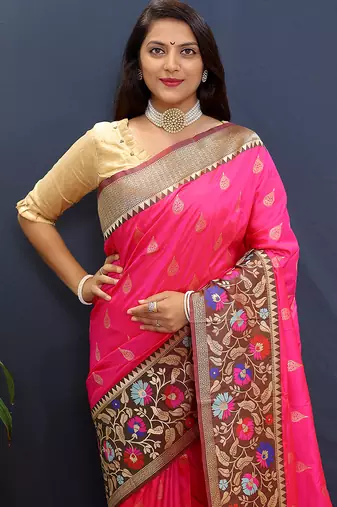 Rani pink banarasi silk blend saree with multicolor paithani floral border & pallu