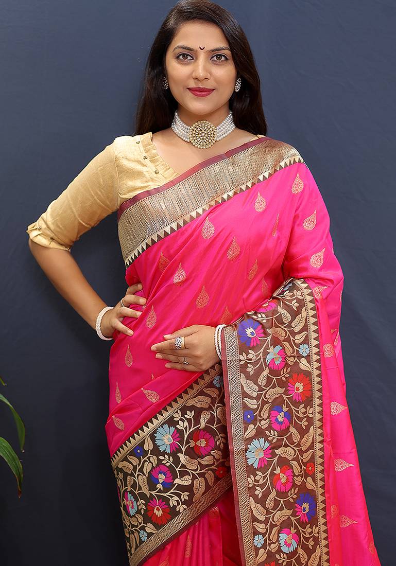 Rani pink banarasi silk blend saree with multicolor paithani floral border & pallu