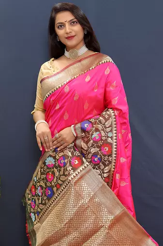 Rani pink banarasi silk blend saree with multicolor paithani floral border & pallu