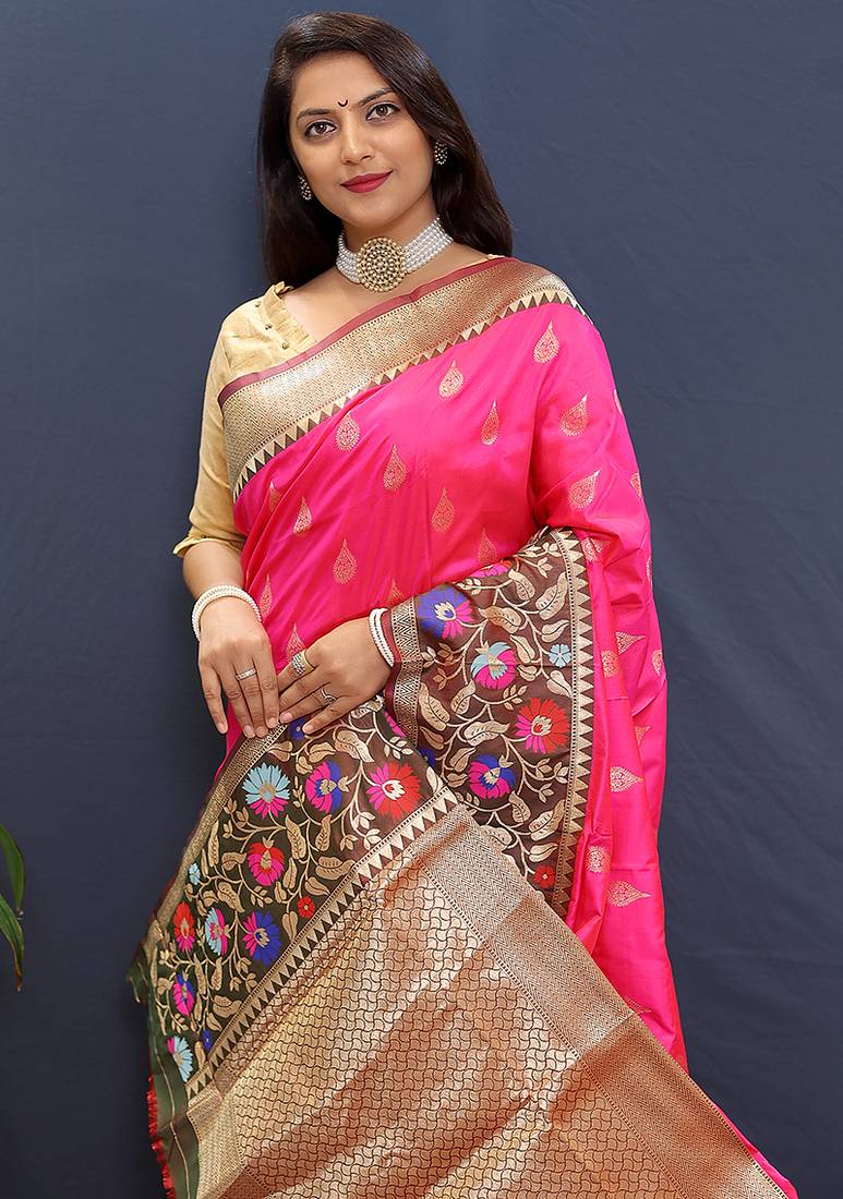 Rani pink banarasi silk blend saree with multicolor paithani floral border & pallu