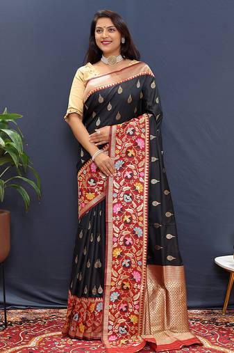Black banarasi silk blend saree with multicolor paithani floral border & pallu