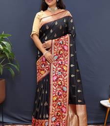 Black banarasi silk blend saree with multicolor paithani floral border & pallu