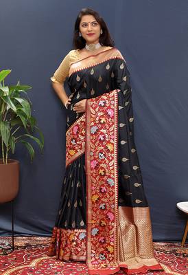 Black banarasi silk blend saree with multicolor paithani floral border & pallu 2
