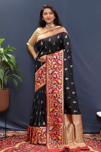 Black banarasi silk blend saree with multicolor paithani floral border & pallu