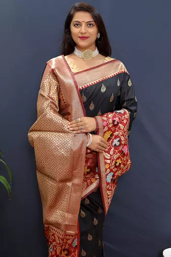 Black banarasi silk blend saree with multicolor paithani floral border & pallu