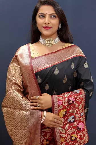 Black banarasi silk blend saree with multicolor paithani floral border & pallu