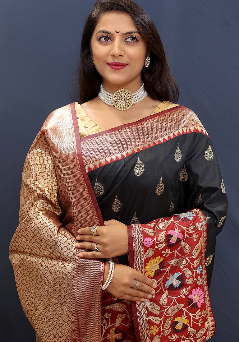 Black banarasi silk blend saree with multicolor paithani floral border & pallu