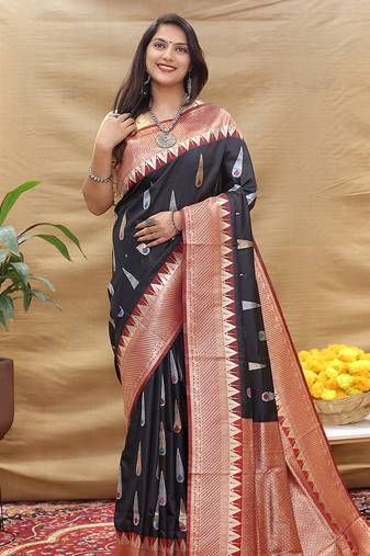 Black banarasi silk blend saree with maroon zari woven border
