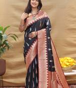 Black banarasi silk blend saree with maroon zari woven border