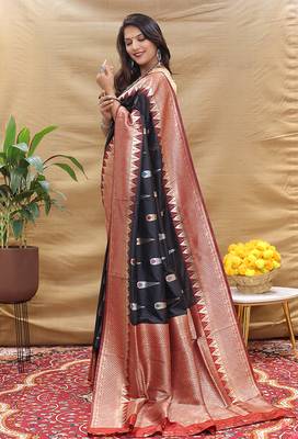 Black banarasi silk blend saree with maroon zari woven border 2