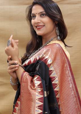 Black banarasi silk blend saree with maroon zari woven border 3