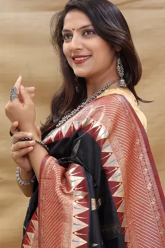 Black banarasi silk blend saree with maroon zari woven border