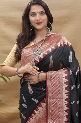 Black banarasi silk blend saree with maroon zari woven border