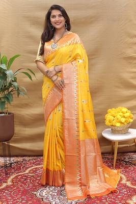 Mustard yellow banarasi silk blend saree with orange zari woven border 1