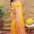 Mustard yellow banarasi silk blend saree with orange zari woven border