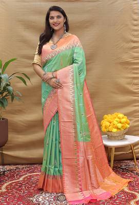 Mint green banarasi silk blend saree with peach zari woven border 1