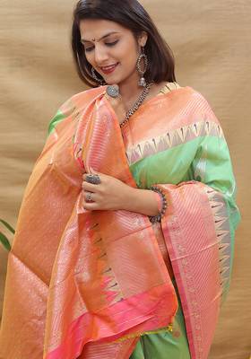 Mint green banarasi silk blend saree with peach zari woven border 3