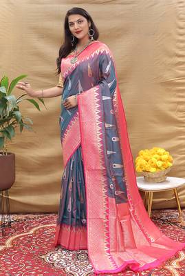 Grey banarasi silk blend saree with rani pink zari woven border 1