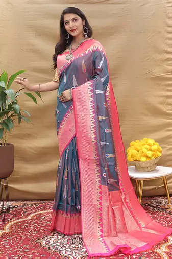 Grey banarasi silk blend saree with rani pink zari woven border